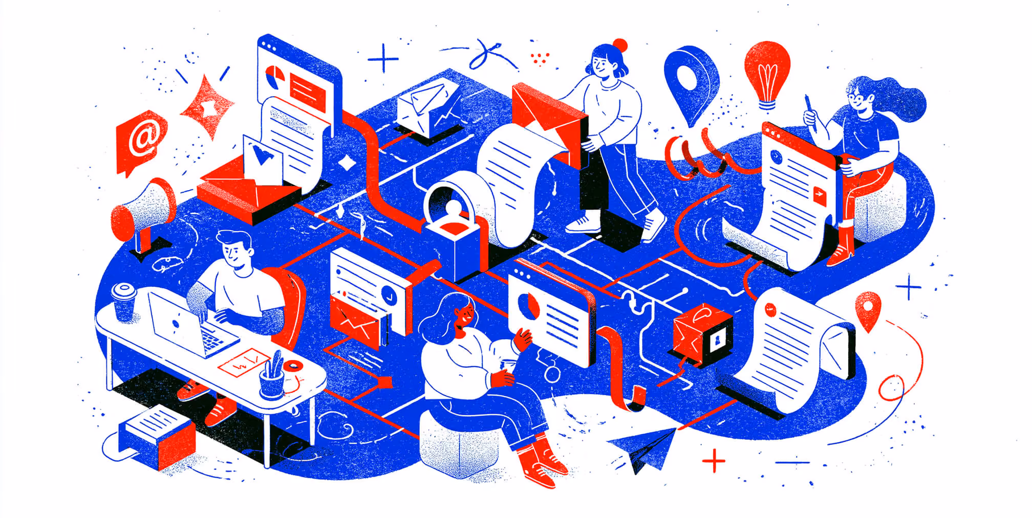 Illustration of SaaS email marketing automation with connected email campaigns, customer messaging, analytics dashboards, and cross-channel engagement workflows.
