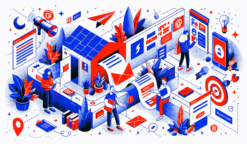 Omnichannel communication illustration featuring email marketing, customer notifications, social messaging, audience targeting, and campaign management.