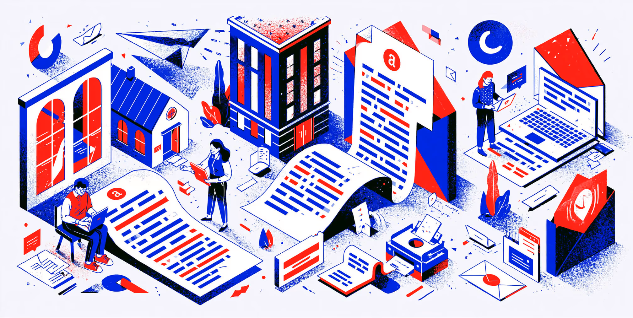 SaaS email marketing illustration showing personalized email communication, customer outreach, content creation, and digital campaign management across multiple devices.