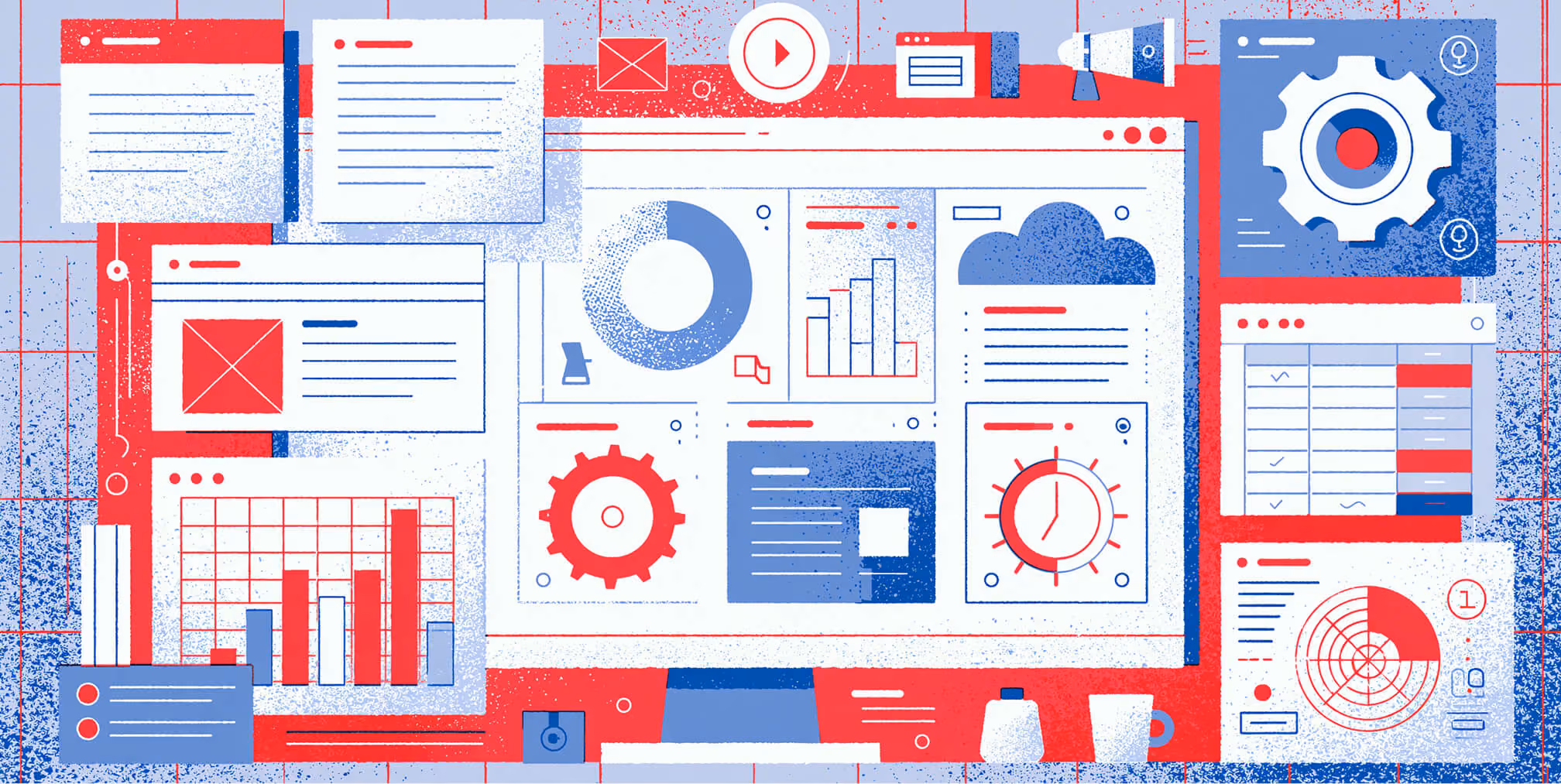 Email marketing dashboard illustration featuring campaign analytics, automation workflows, performance reporting, audience management, and campaign optimization tools.