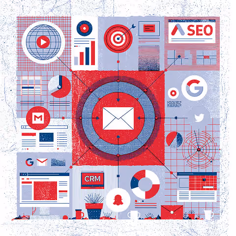 Centralized email marketing ecosystem illustrating audience targeting, CRM integration, SEO, analytics, campaign management, and multichannel marketing.