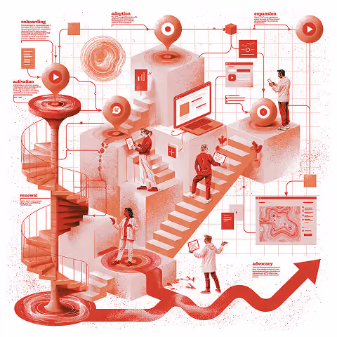 SaaS onboarding journey visualization featuring activation milestones, product adoption, customer expansion, and lifecycle email automation.