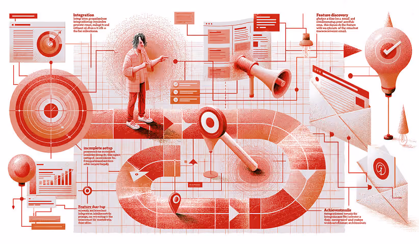 Product adoption email campaign illustration highlighting feature discovery, in-app guidance, onboarding reminders, and customer activation.
