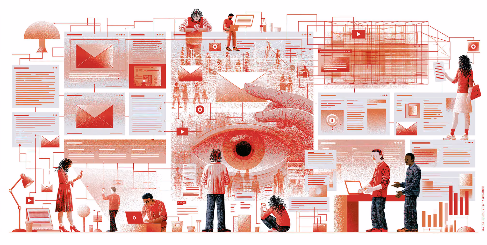SaaS email engagement illustration showing campaign personalization, lifecycle messaging, user behavior tracking, automation workflows, and customer communications.