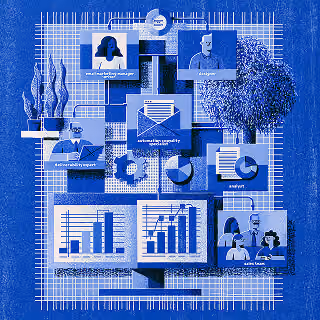 Marketing team collaboration illustration with campaign planning boards, email automation, analytics dashboards, reporting, and strategic coordination.