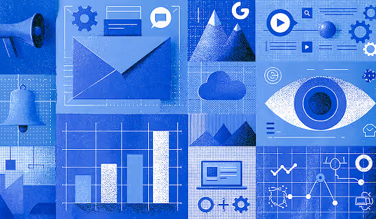 Email marketing technology illustration featuring campaign management, automation tools, audience insights, performance analytics, and digital workflows.
