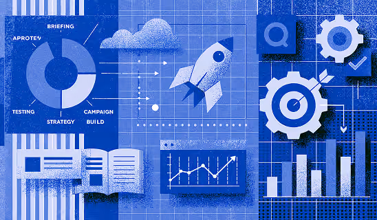 Marketing campaign planning illustration with strategy framework, campaign development, launch preparation, analytics, and optimization.