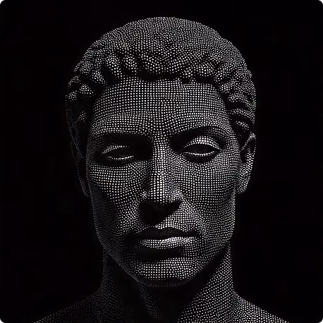 Abstract digital portrait of a classical male face formed with white glowing dots on a black background.