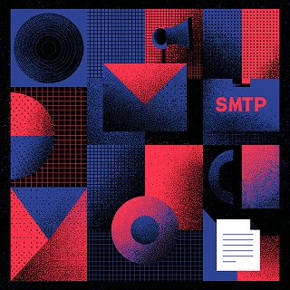 SMTP email delivery illustration with envelope, megaphone, document, and geometric design representing email infrastructure and deliverability.