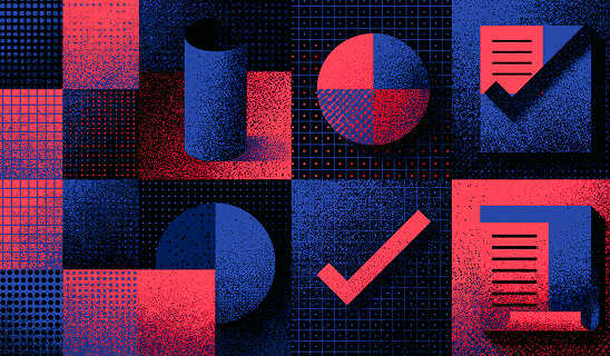 Abstract marketing workflow illustration with communication icons, checklist, documents, customer messaging, and email campaign planning.