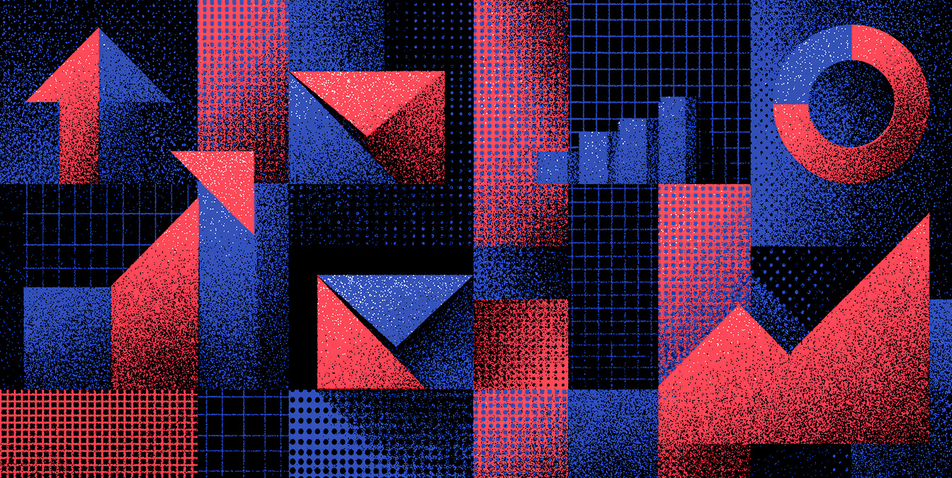 Abstract email marketing illustration featuring envelope, email engagement, campaign performance charts, business growth, and customer communication.