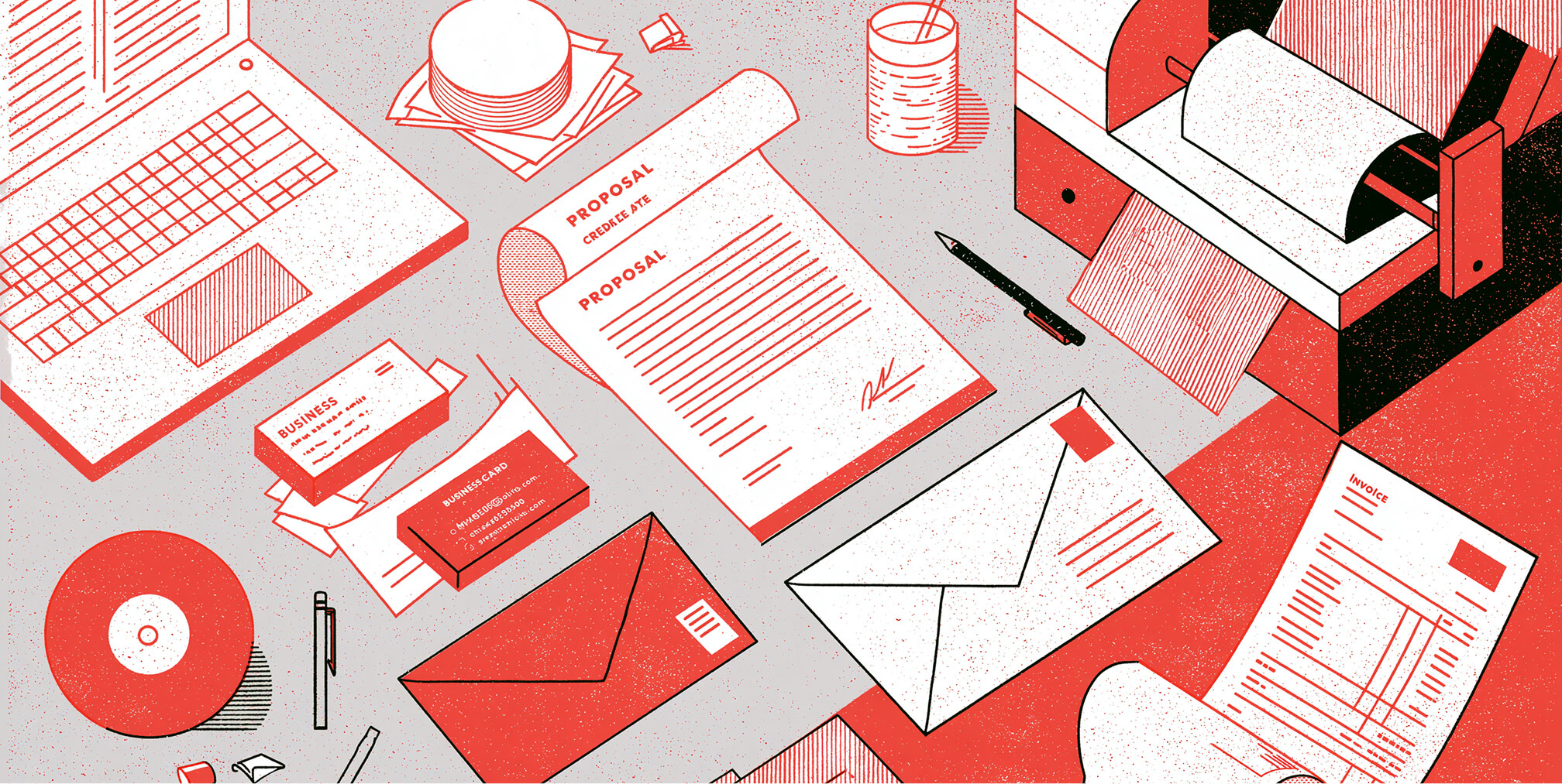 Illustration of custom stationery design essentials including business cards, envelopes, invoices, proposals, letterheads, and branded office supplies for professional business communications.