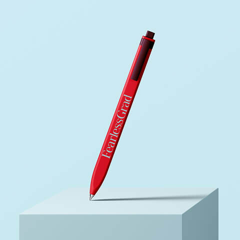 Custom branded promotional pen showcasing corporate logo placement and professional stationery design for business marketing.