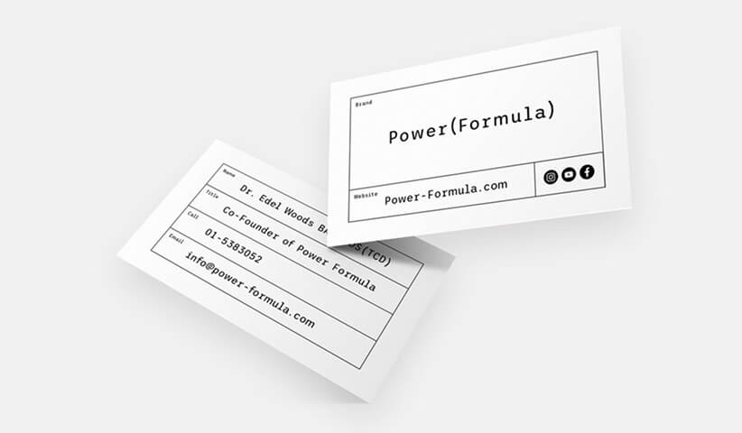 Minimalist business card design for Power Formula showcasing clean typography and modern corporate identity branding.