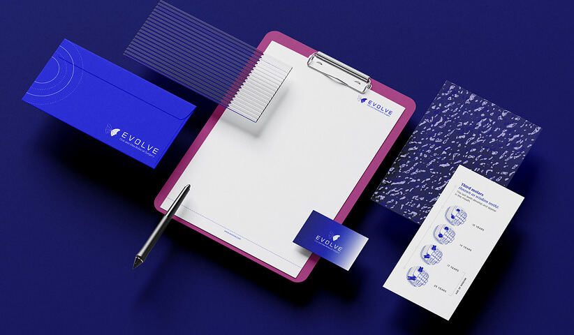 Branded healthcare stationery collection including envelope, letterhead, business cards, appointment cards, and presentation folder for Evolve.