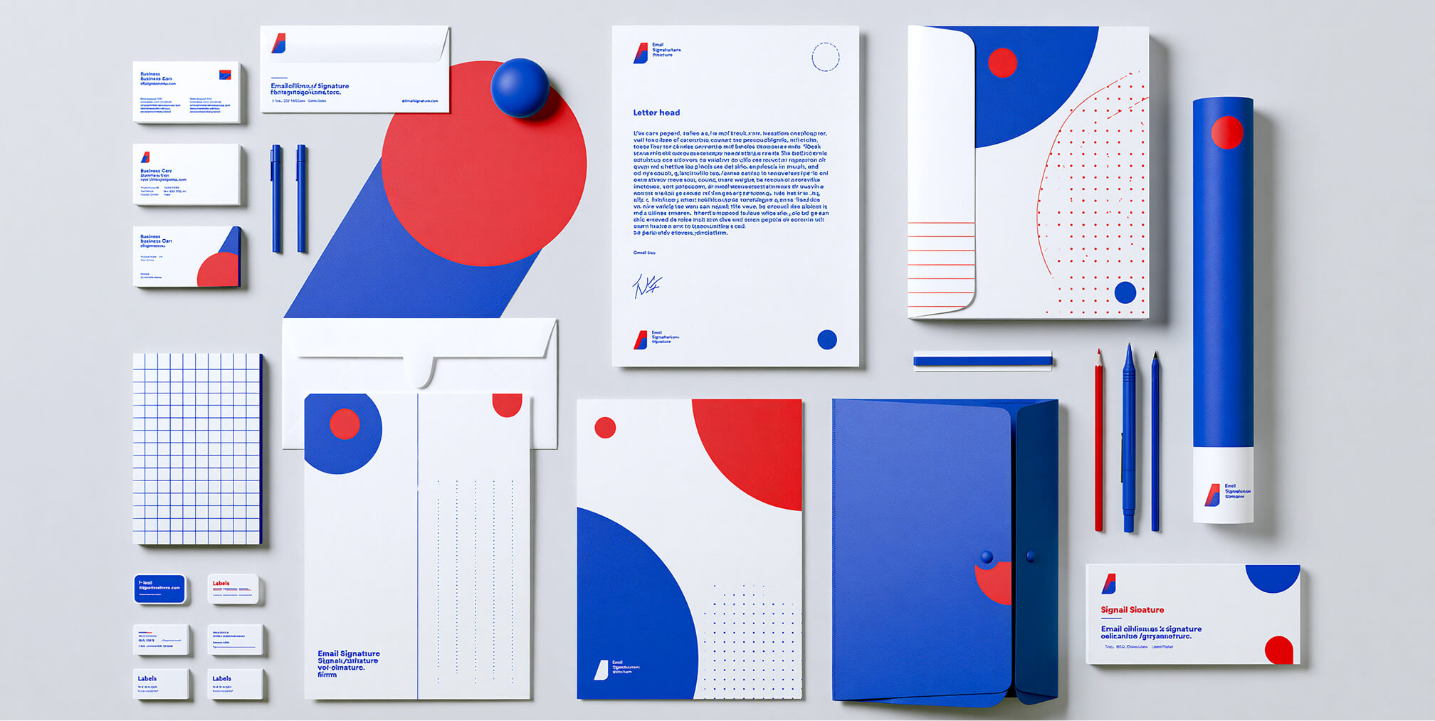 Branded stationery design system featuring business cards, letterhead, folders, envelopes, notebooks, and corporate identity materials with a modern geometric brand style.