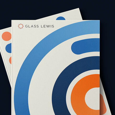 Glass Lewis corporate brochure featuring branded report cover design, editorial layout, and professional financial services branding.