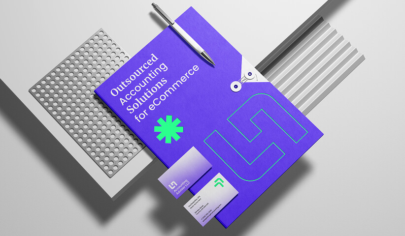 Professional accounting firm stationery package featuring branded brochure, business cards, and corporate marketing collateral.