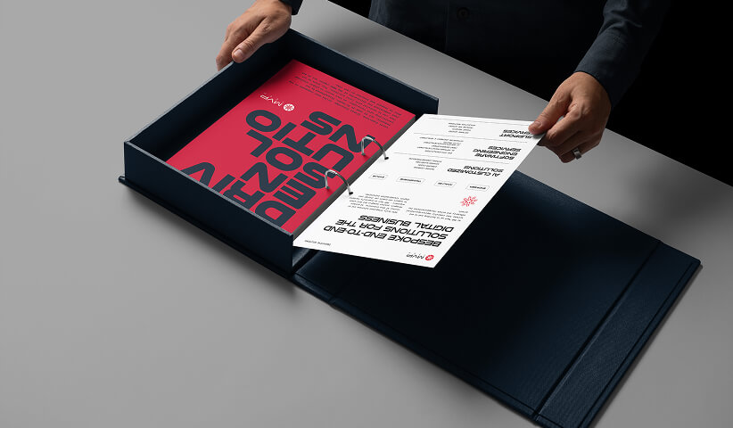 Corporate presentation kit with branded folder, printed proposal, and business documents designed for professional client presentations.