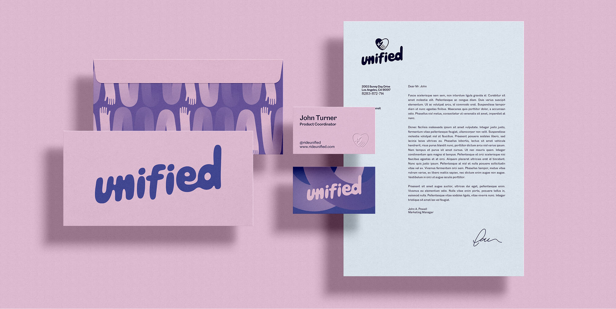 Unified brand identity stationery set including business cards, letterhead, envelopes, and branded print materials for consistent corporate communications.