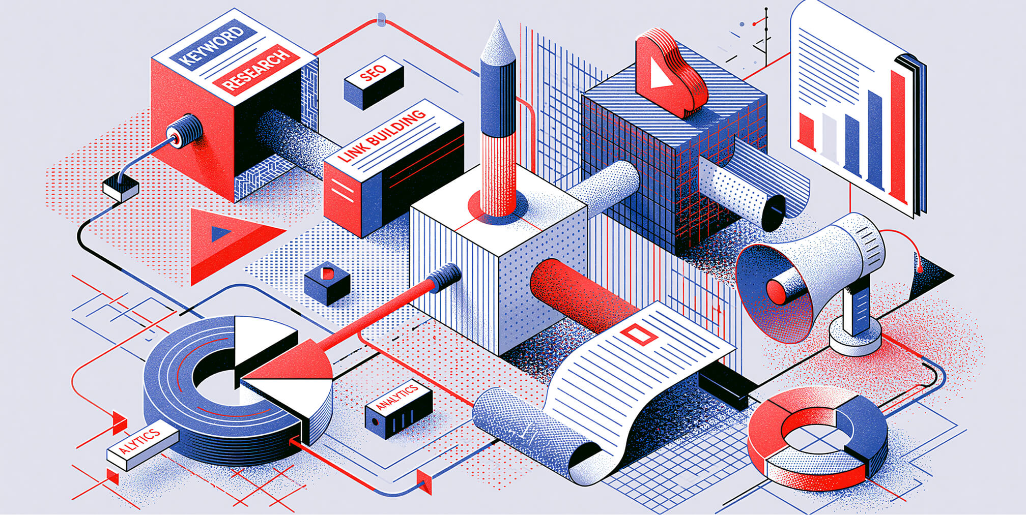 Conceptual illustration of an SEO and content marketing strategy featuring keyword research, link building, analytics, content creation, and search engine optimization driving organic business growth.