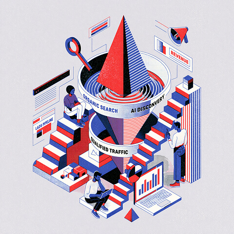 Isometric illustration showing an SEO growth funnel where organic search, AI discovery, qualified traffic, and revenue work together to improve digital marketing performance.