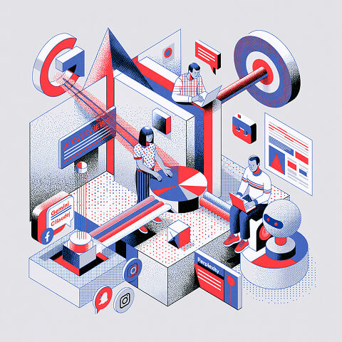 Conceptual illustration of integrated digital marketing featuring SEO, social media, analytics, automation, and AI-powered content marketing for audience engagement.