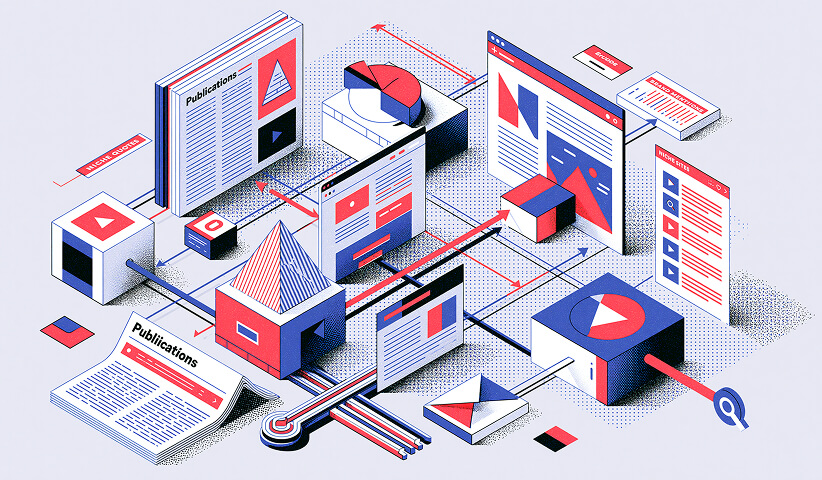 Isometric illustration of a content marketing ecosystem connecting blog articles, publications, websites, video content, and digital assets through an SEO strategy.