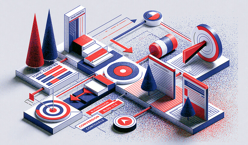 Illustration of an SEO content architecture using topic clusters, service pages, blog content, user intent, and conversion-focused website optimization.