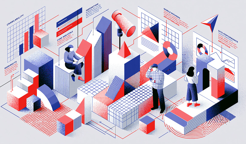 Conceptual illustration of technical SEO featuring Core Web Vitals, crawlability, indexing, schema markup, site performance, and search engine optimization.