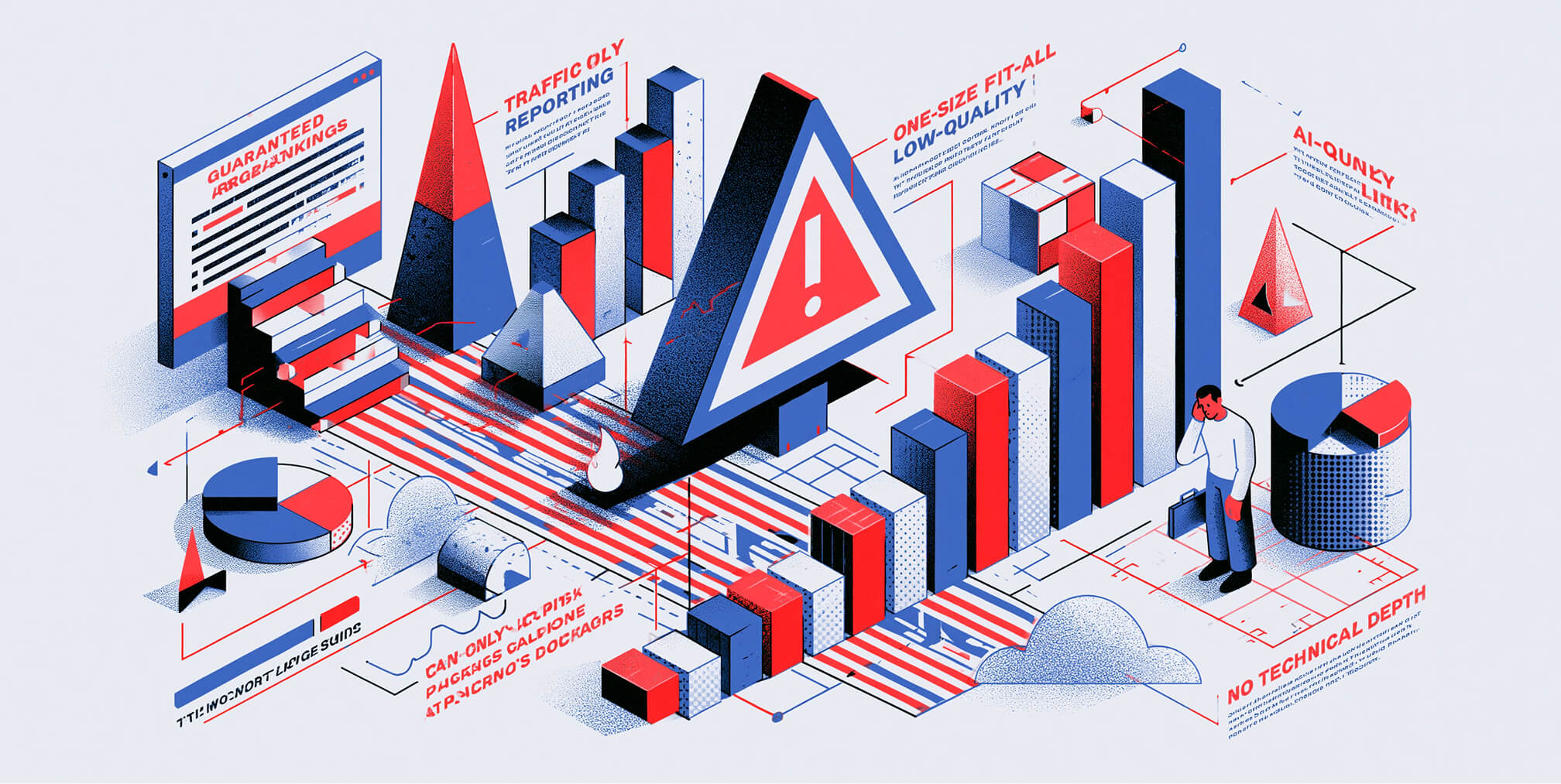 Conceptual illustration highlighting common SEO mistakes including guaranteed rankings, low-quality traffic, poor reporting, and ineffective optimization practices that limit search performance.