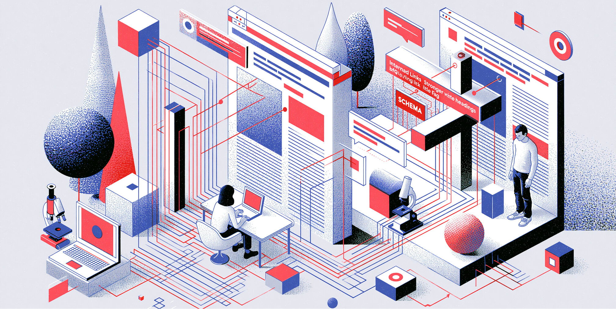 Illustration of technical SEO and on-page optimization featuring schema markup, internal linking, website architecture, content optimization, and search engine indexing for higher organic rankings.