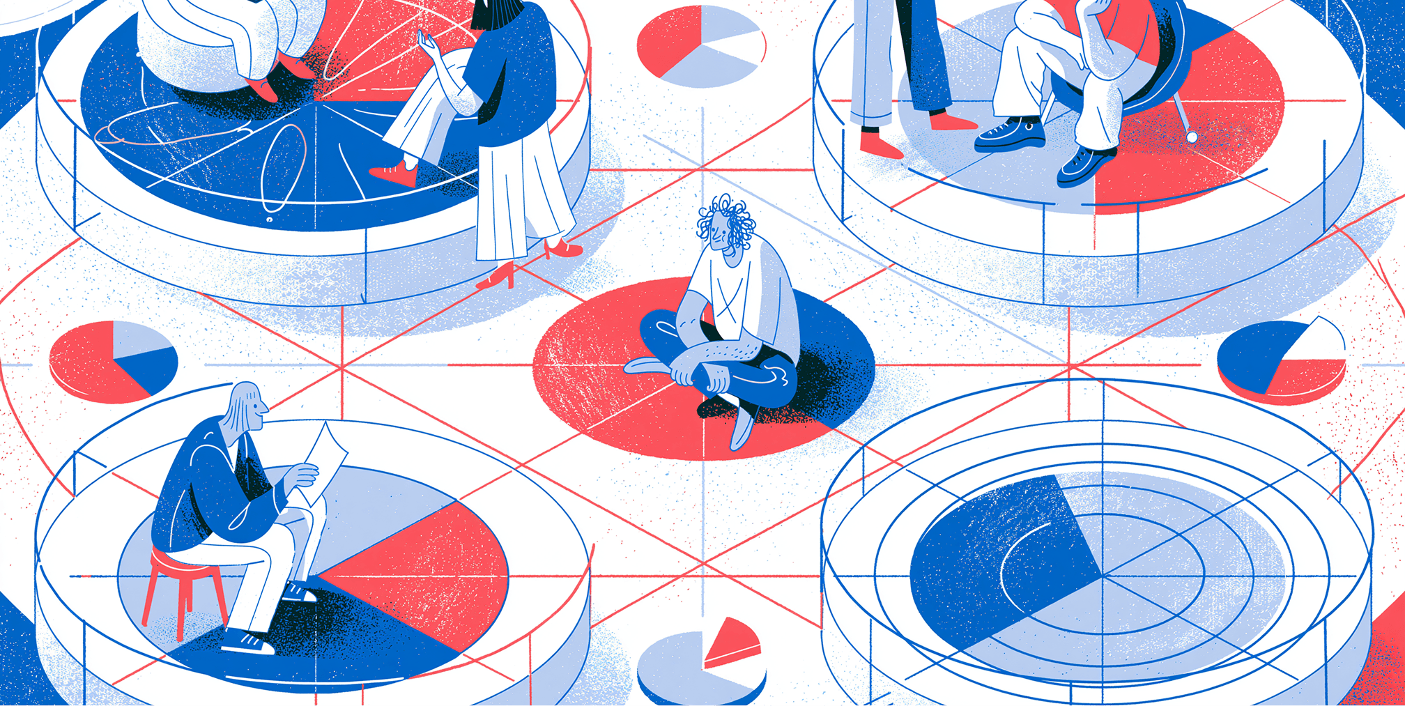Conceptual illustration of consumer packaged goods marketing showing shoppers, audience segmentation, market research, and consumer insights driving successful CPG brand strategy.