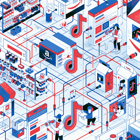 Isometric illustration of social commerce featuring TikTok Shop, Amazon, digital storefronts, and omnichannel retail supporting modern CPG marketing.