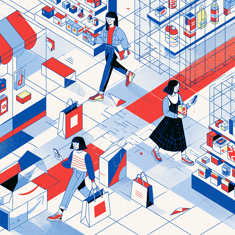 Conceptual illustration of omnichannel retail with consumers shopping across physical stores, ecommerce, and mobile commerce for consumer packaged goods.