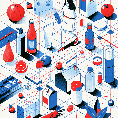 Illustration of CPG product development with food, beverages, cosmetics, and packaged goods representing branding, packaging design, and retail-ready products.