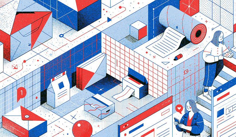 Illustration of content marketing and product packaging featuring print materials, branded assets, ecommerce content, and digital campaigns for CPG brands.
