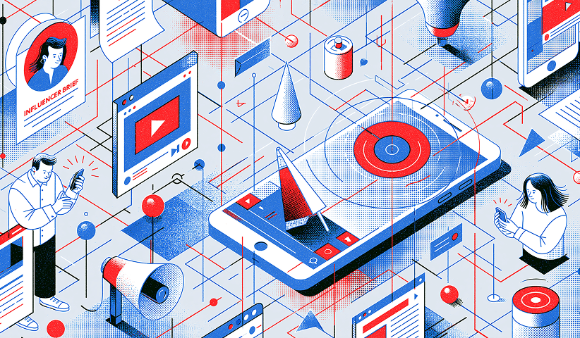 Conceptual illustration of influencer marketing with short-form video, social media content, creator partnerships, and mobile engagement promoting consumer products.