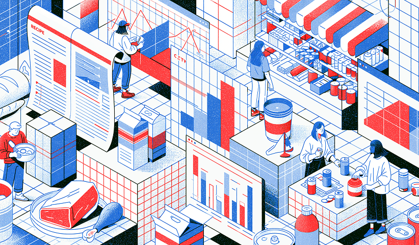 Illustration of retail merchandising and consumer packaged goods marketing featuring product displays, grocery shelves, packaging design, and in-store shopping experiences.