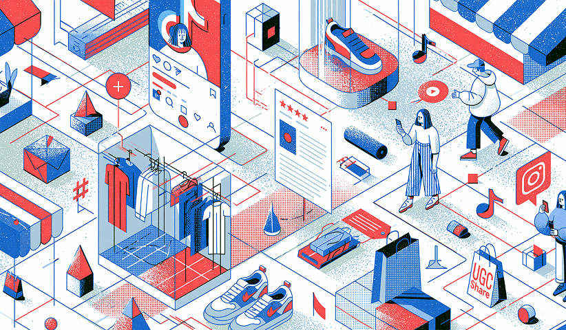 Isometric illustration of ecommerce marketing with user-generated content, social shopping, product reviews, influencer campaigns, and digital retail experiences.