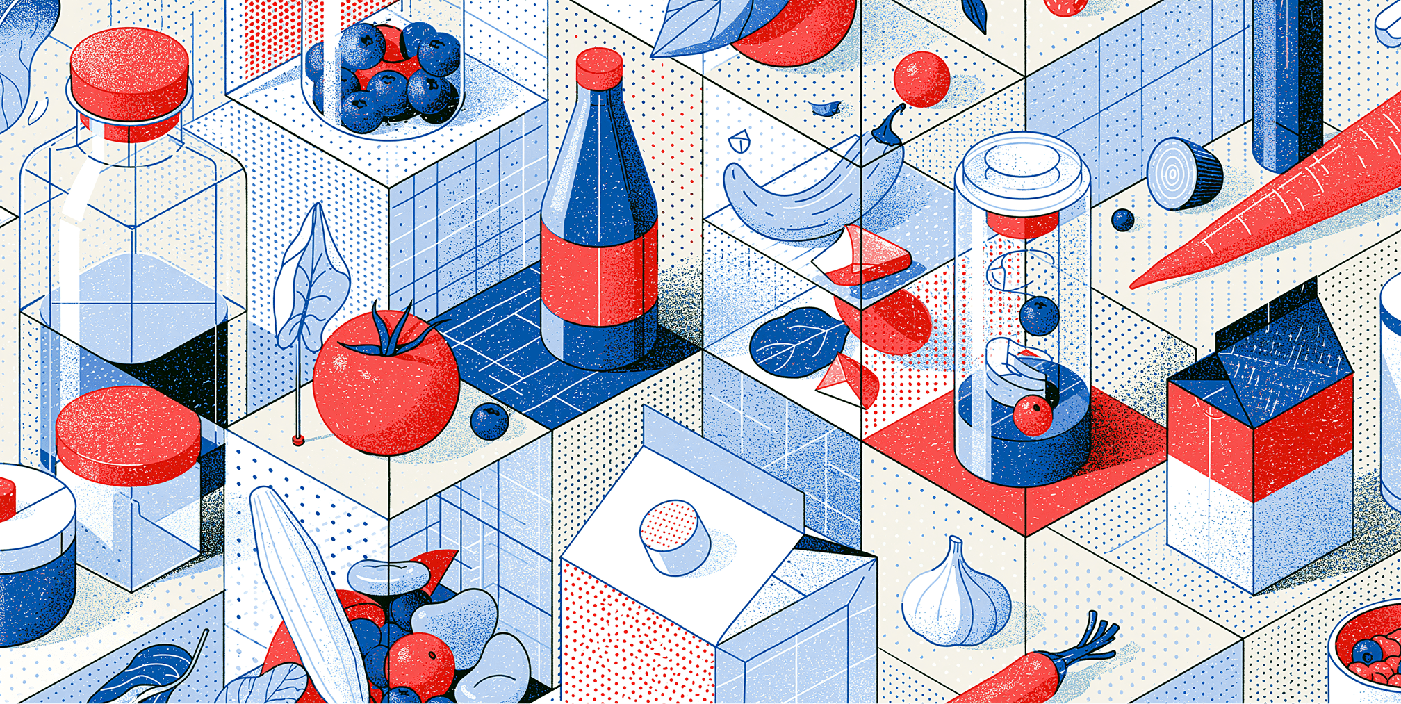 Conceptual illustration of packaged consumer goods including beverages, produce, packaged foods, and grocery products representing CPG branding, packaging, and retail merchandising.