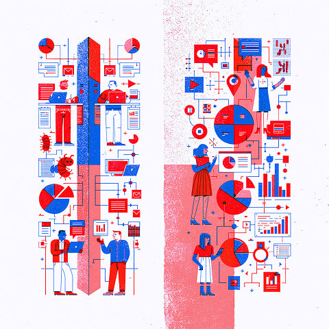Illustration of integrated marketing strategy aligning marketing teams, campaign planning, customer data, analytics dashboards, and cross-channel communication.