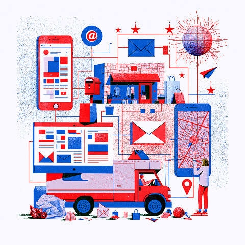 Conceptual illustration of omnichannel marketing connecting ecommerce, email, websites, mobile, logistics, and customer touchpoints into one seamless experience.
