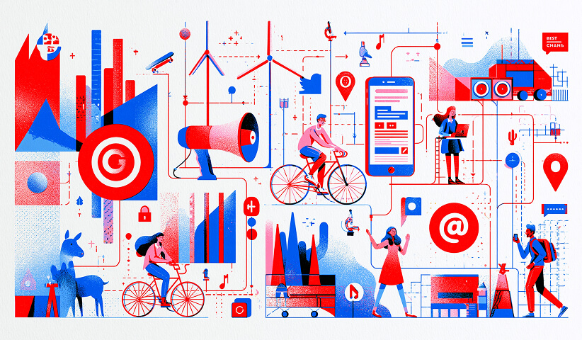 Conceptual illustration of integrated digital marketing featuring advertising, mobile marketing, location targeting, email campaigns, and multi-channel customer engagement.