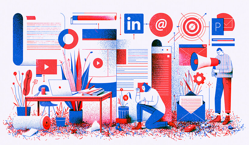 Illustration of content marketing strategy with LinkedIn, email marketing, video content, audience engagement, and campaign planning across digital channels.