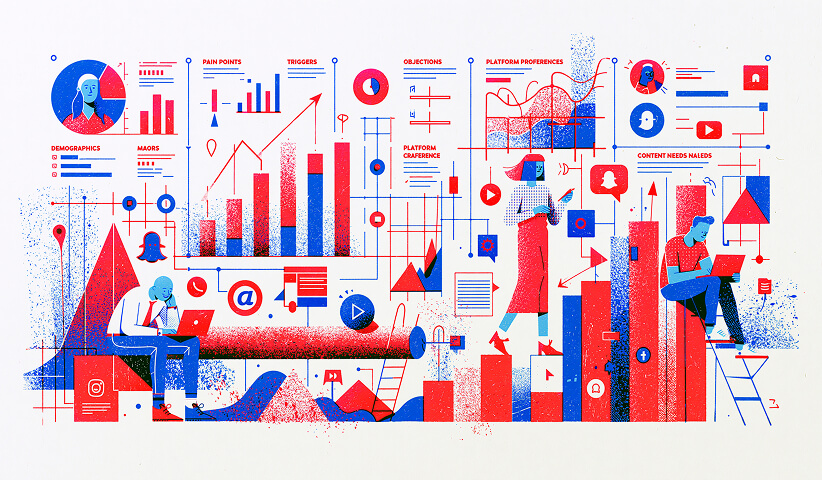 Illustration of audience research and digital marketing analytics featuring customer personas, demographics, campaign performance, content planning, and channel optimization.