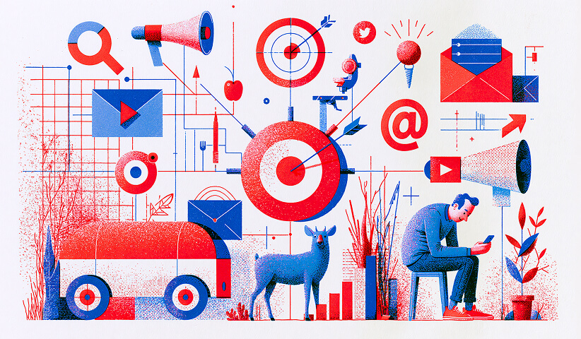 Conceptual illustration of digital advertising strategy featuring campaign targeting, search marketing, email, social media, video marketing, and performance measurement.