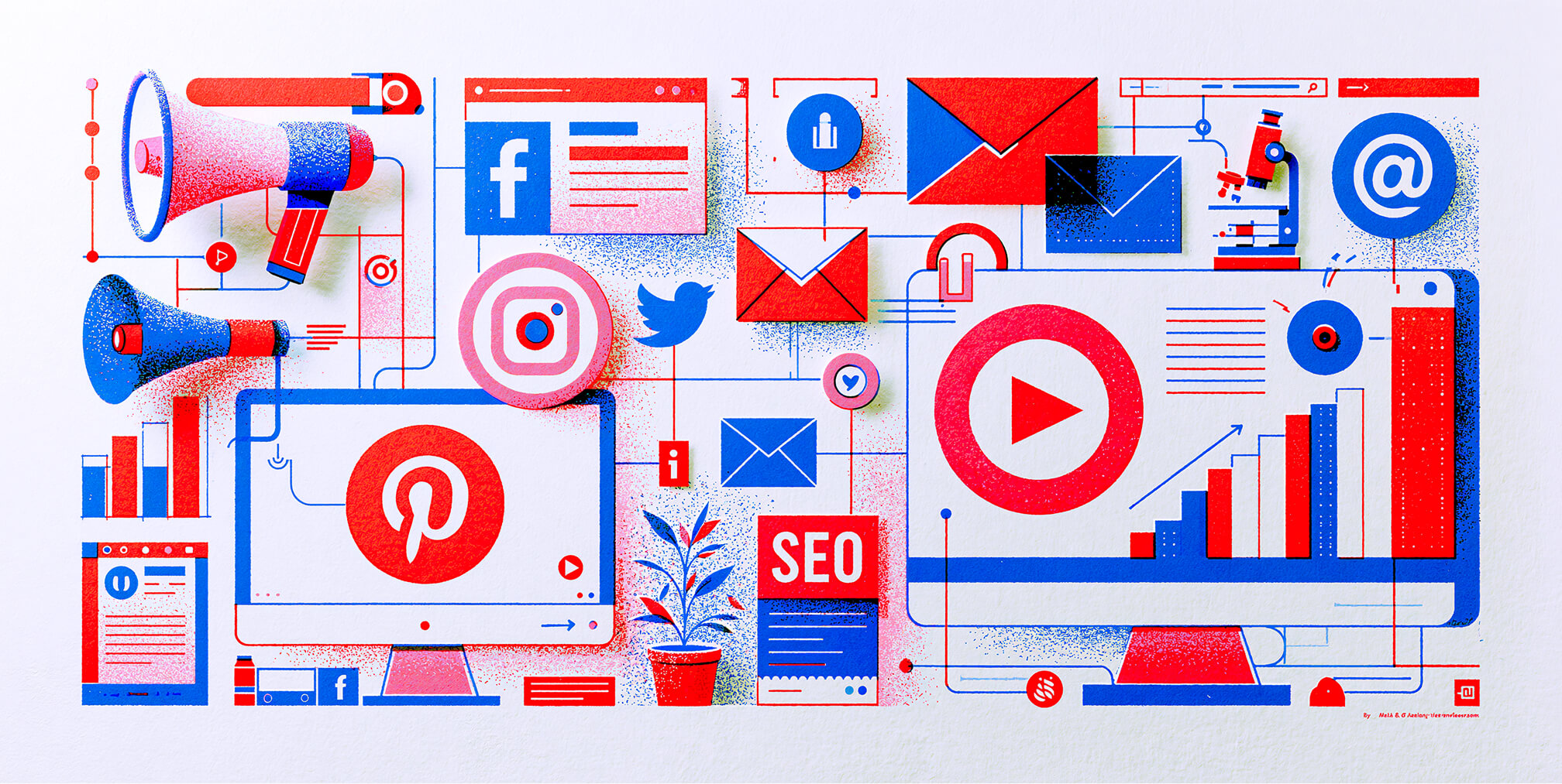 Conceptual illustration of multichannel digital marketing featuring SEO, social media, email marketing, video content, analytics, and performance reporting across connected platforms.