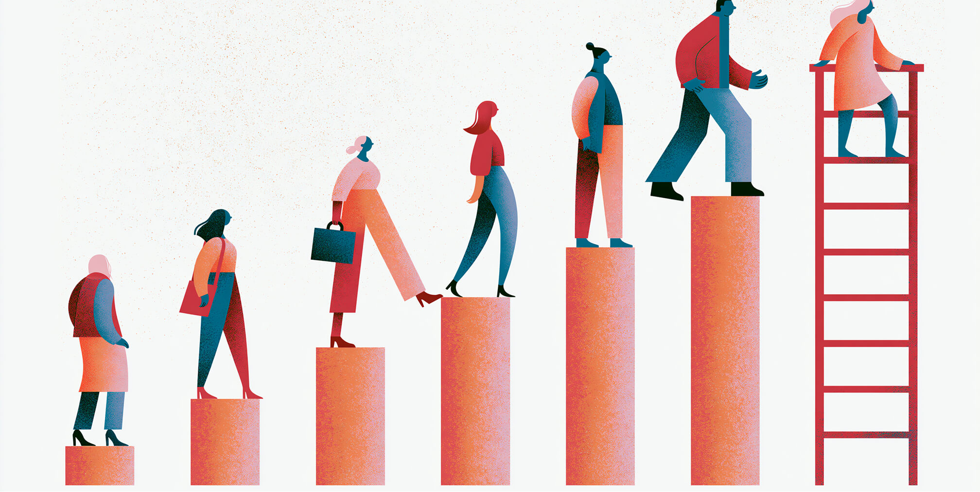 Conceptual illustration of the customer loyalty ladder, showing people progressing through increasingly higher stages of engagement, retention, advocacy, and long-term brand loyalty.