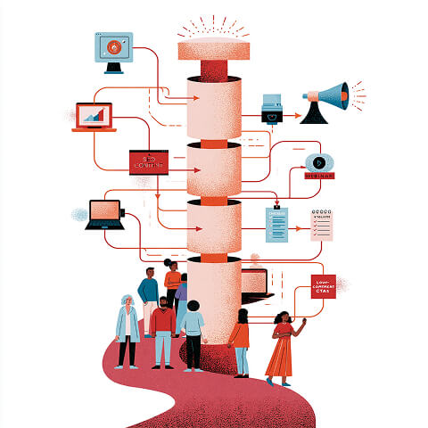 Illustration of a customer loyalty ecosystem, connecting CRM, email marketing, content, webinars, and personalized communications that nurture long-term relationships.